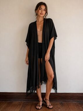 NWT Janice Apparel Lightweight Kimono Cardigan Flowy Fringe Hem Duster Oversized